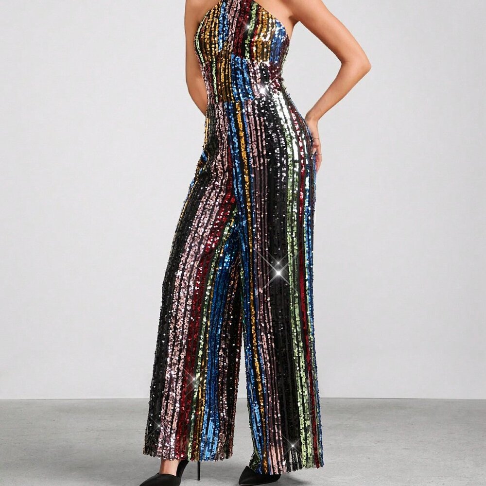Rainbow Multicolor Sequin Party Halter Neck Women's Jumpsuit - Picture 5 of 7
